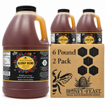 Honey Feast Allergy Blend honey 2-pack of 6lb frosted HDPE plastic jugs with wide black screw caps, shown with the branded shipping carton on a white background.