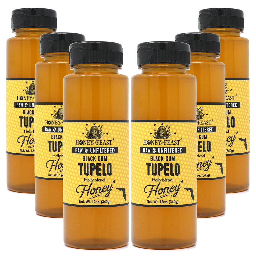 Honey Feast Tupelo Honey 12oz - 6 Pack Case, Black Gum Tupelo & Holly Blend, Pure Raw Honey 🍯🐝
