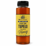 Honey Feast Black Gum Tupelo Holly Blend Honey in a 12oz plastic squeeze bottle with its original yellow label, on a white background