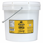 Honey Feast Black Gum Tupelo Holly Blend Honey, 2-gallon bucket containing 24 pounds of honey, closed-lid front view on white.