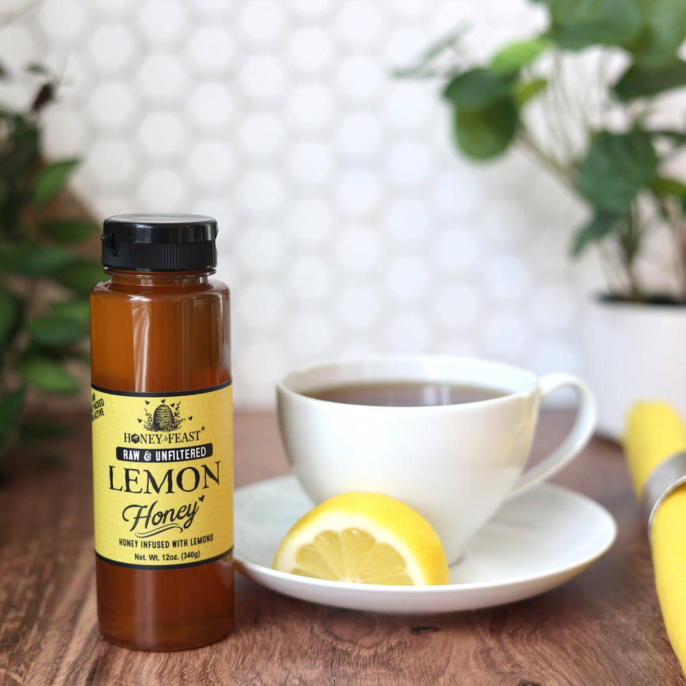 HONEY FEAST Organic Lemon Honey 12oz | Raw Unfiltered Honey Infused with Florida Organic Lemon Zest | Perfect for Tea, Gourmet Dishes & Unique Gifts