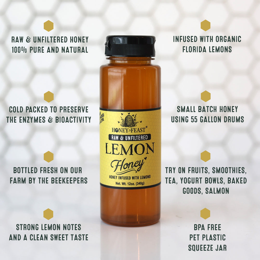 HONEY FEAST Organic Lemon Honey 12oz | Raw Unfiltered Honey Infused with Florida Organic Lemon Zest | Perfect for Tea, Gourmet Dishes & Unique Gifts