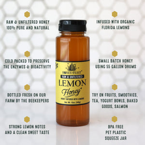 HONEY FEAST Organic Lemon Honey 12oz 6-Pack | Zesty Florida Lemon Infused Honey | Unfiltered & Pure | Enhance Your Culinary & Tea Experience