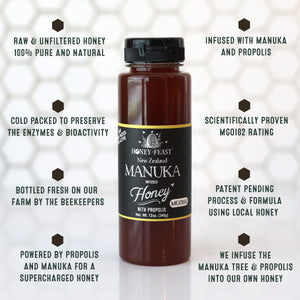 HONEY FEAST New Zealand Manuka Infused Honey with Propolis 12oz - Raw Manuka Honey, Patent Pending Formula, MGO182 Rating, Manuka Honey New Zealand