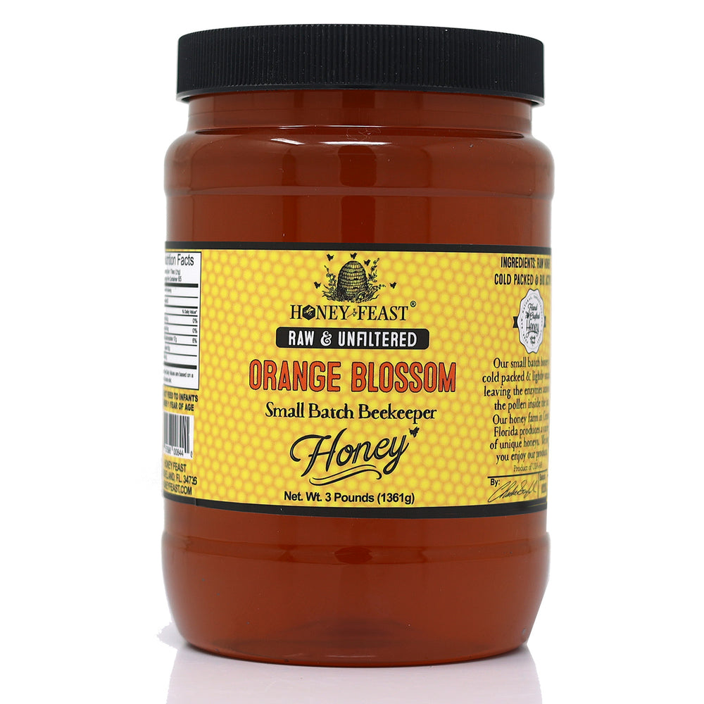 HONEY FEAST Orange Blossom Honey - Raw Unfiltered Honey from Oranges, 100% Pure Raw Orange Blossom Honey, 3lb Gourmet Citrus Honey, All Natural Food Gift Idea