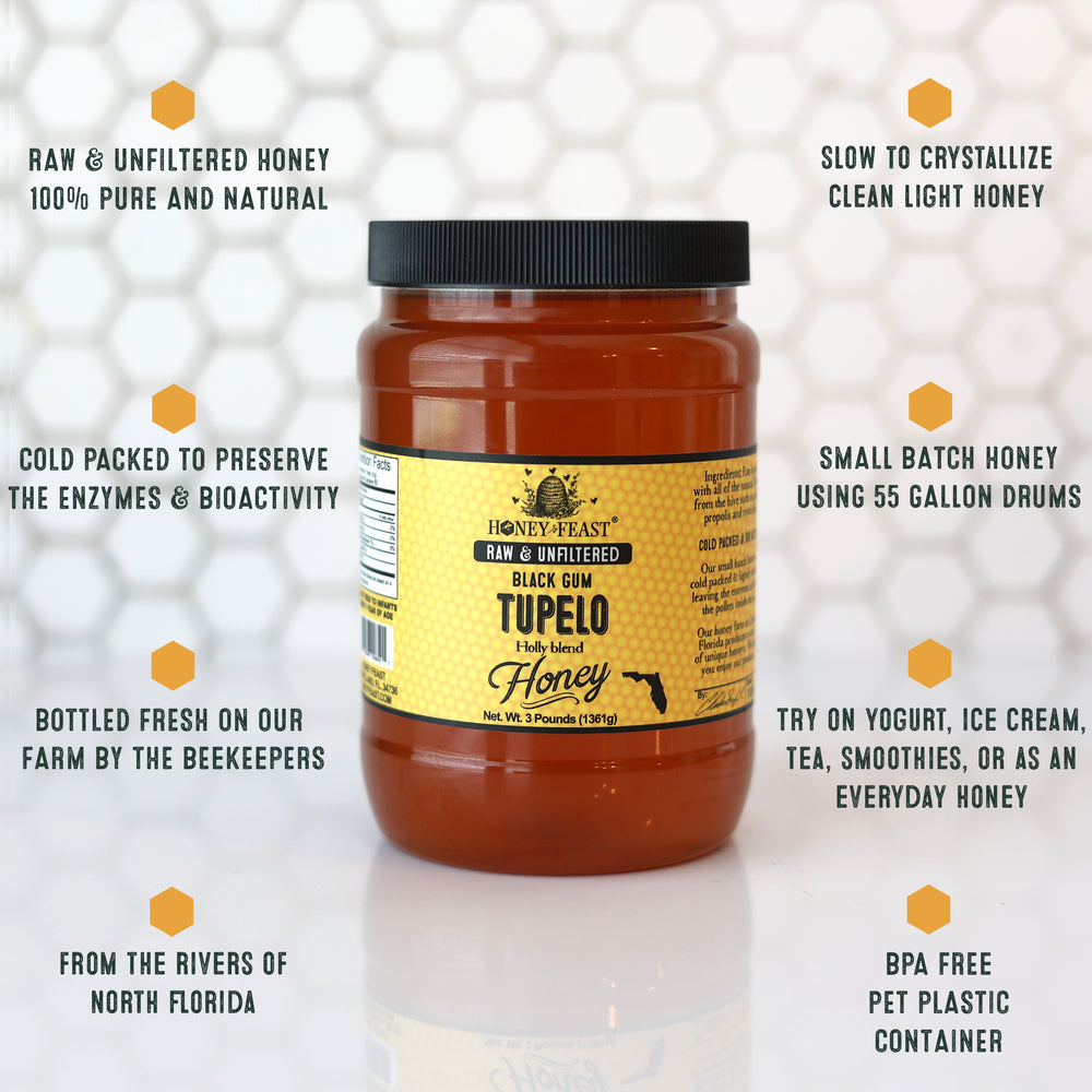 Honey Feast Tupelo Honey - 3lb Black Gum Tupelo & Holly Blend, Raw Honey Bulk, Pure Honey 🍯🐝