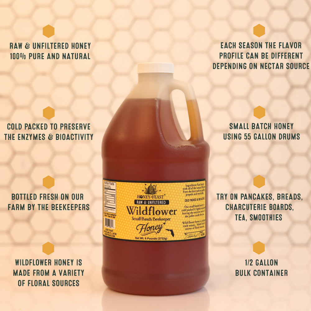 HONEY FEAST Wildflower Honey - 6lb Bulk Honey, All Natural, Unfiltered, Unheated Honey, Perfect for Sweetening & Baking