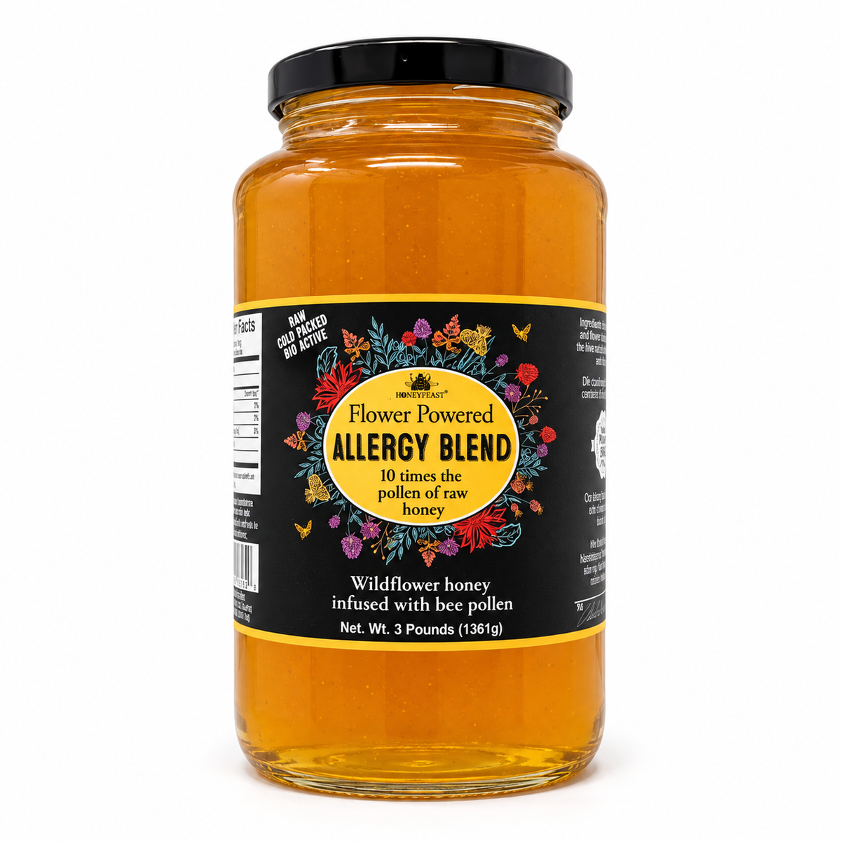 Honey Feast Allergy Blend Honey – 3lb Glass Jar filled with honey, black screw lid, on a white background