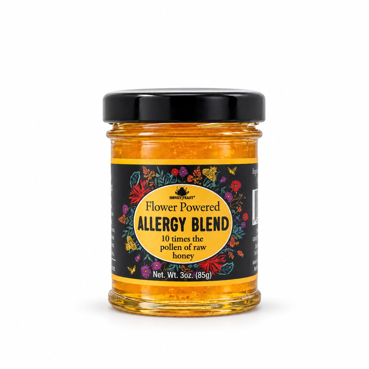 Honey Feast Allergy Blend Honey in a small 3oz glass jar on a white background