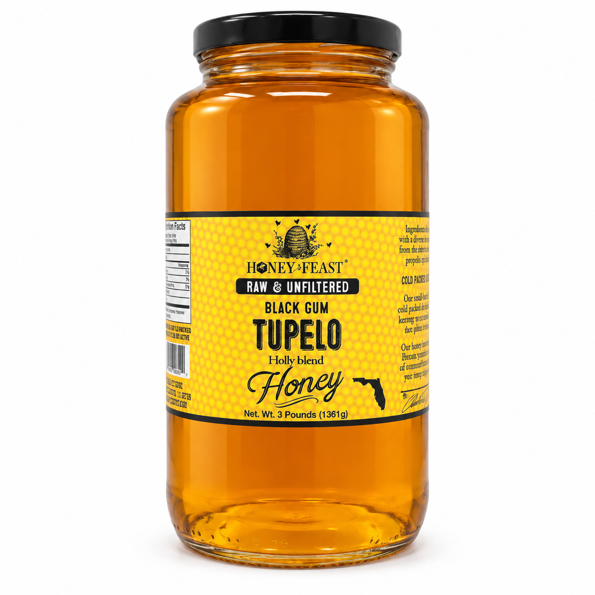 Honey Feast Black Gum Tupelo Honey – 3lb Glass Jar filled with honey, black screw lid, on a white background