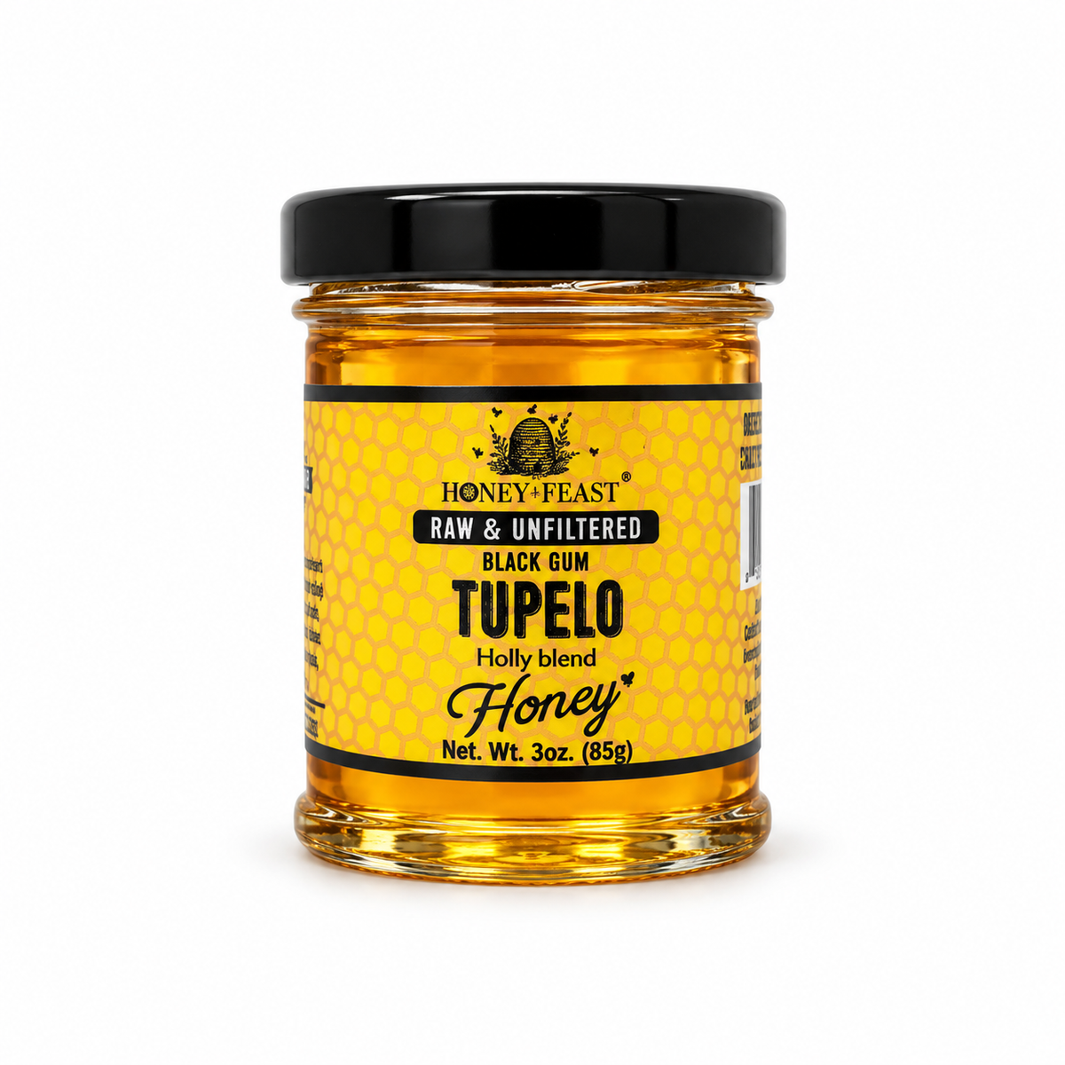 Honey Feast Black Gum Tupelo Honey in a small 3oz glass jar on a white background