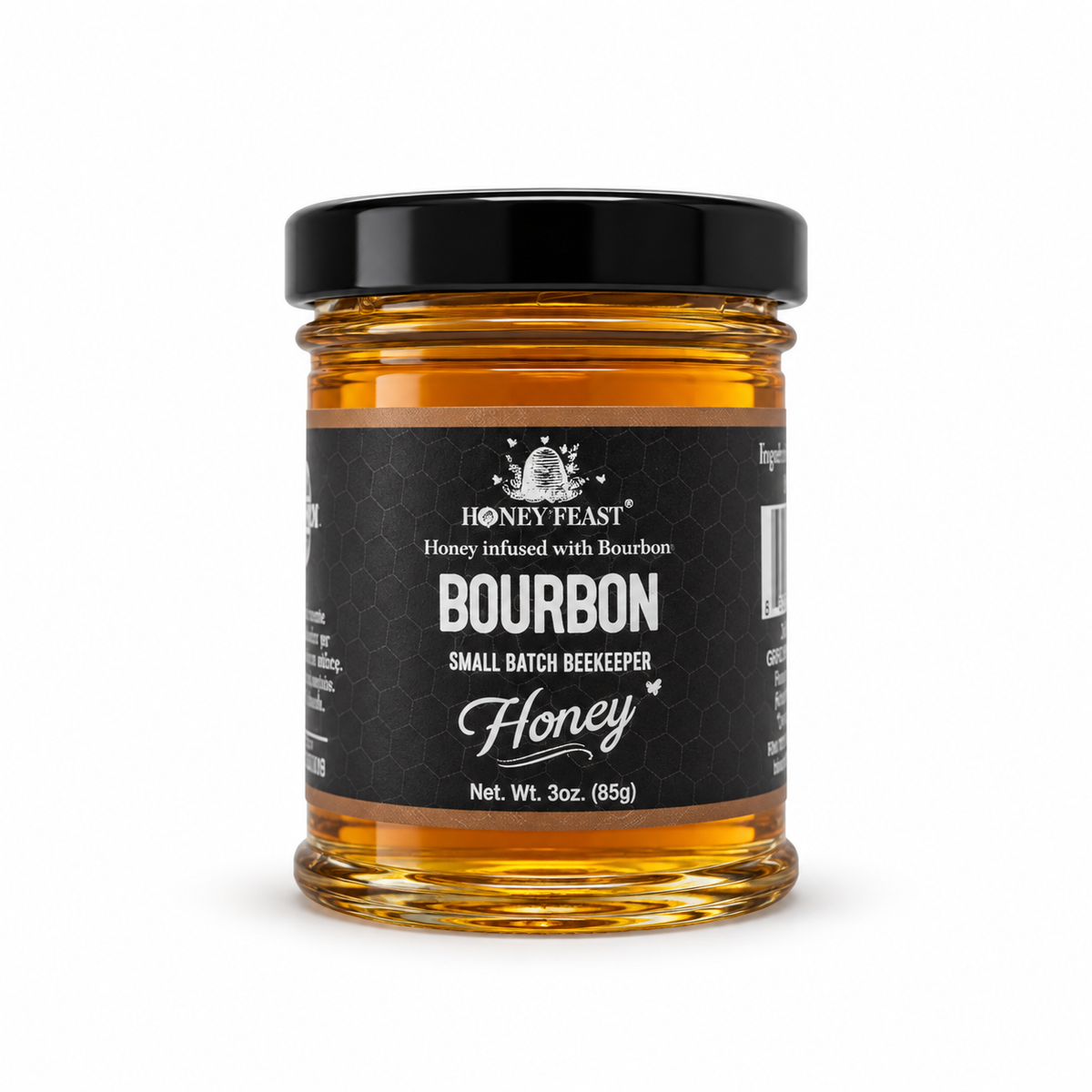 Honey Feast Bourbon Honey in a small 3oz glass jar on a white background