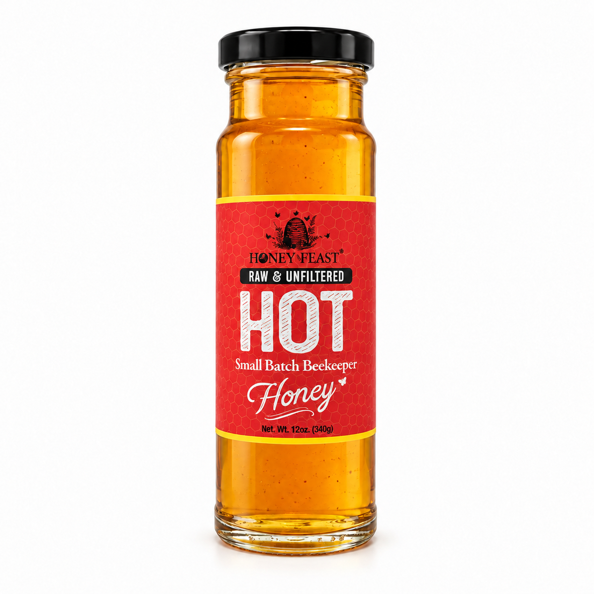Hot Honey 12oz glass jar with black lid on a white background