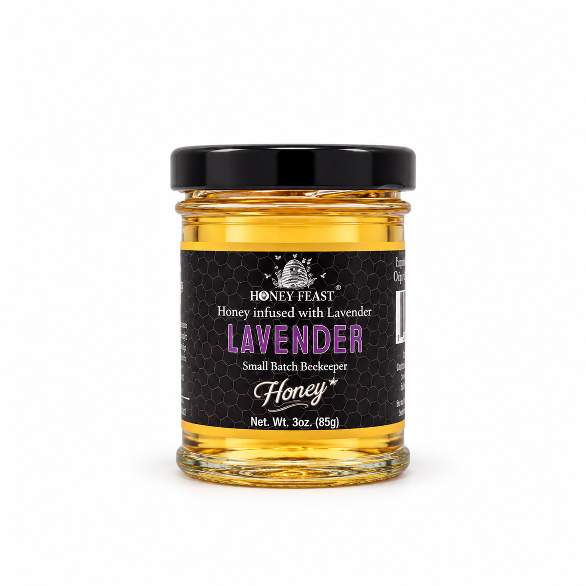 Honey Feast Lavender Honey in a small 3oz glass jar on a white background
