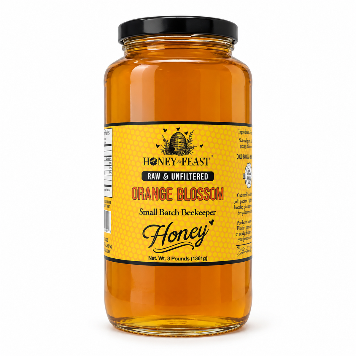 Honey Feast Orange Blossom Honey – 3lb Glass Jar filled with honey, black screw lid, on a white background