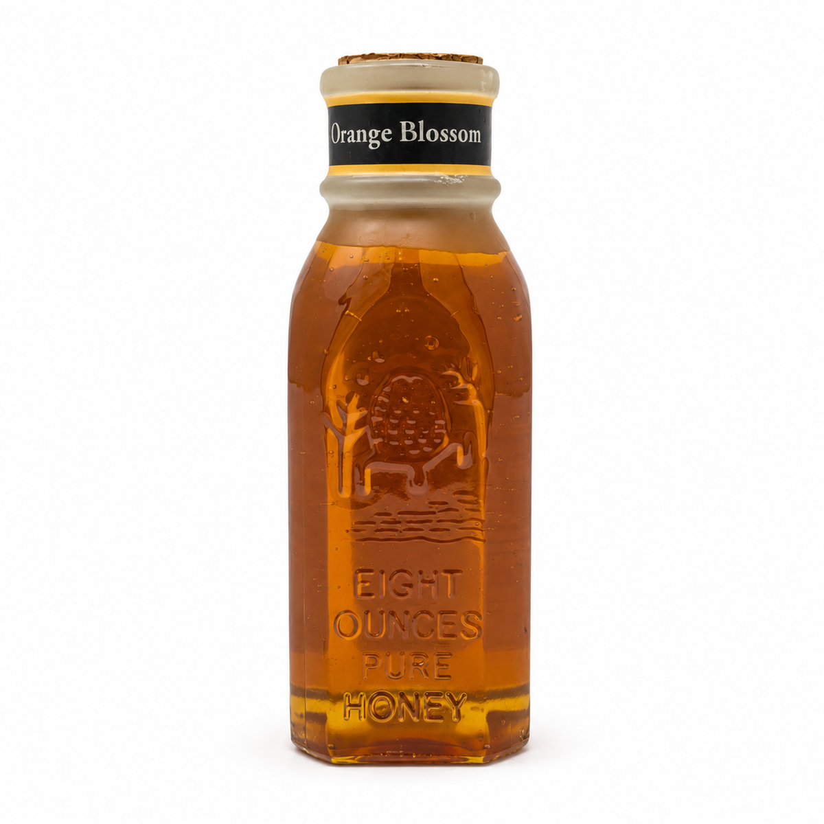 Honey Feast Orange Blossom 8oz Muth glass honey gift jar with a natural tapered cork, hand-dipped beeswax finish and matte yellow-bordered neck label, front view on white.