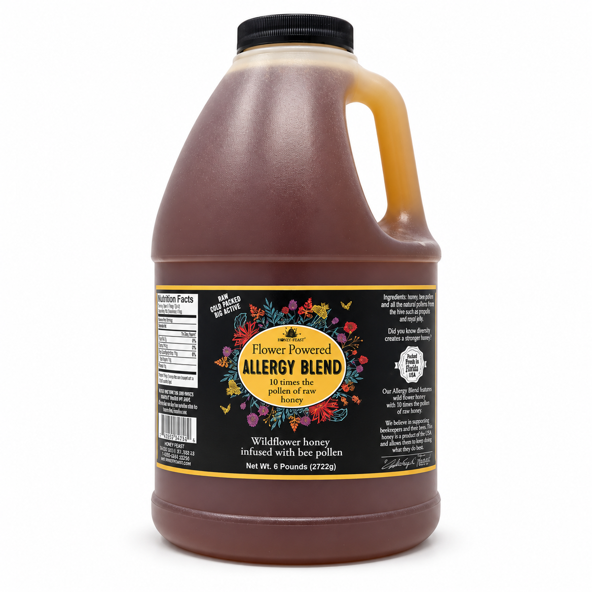 Honey Feast Allergy Blend 6lb bulk honey in a frosted HDPE plastic jug with the handle on the right, on a white background.