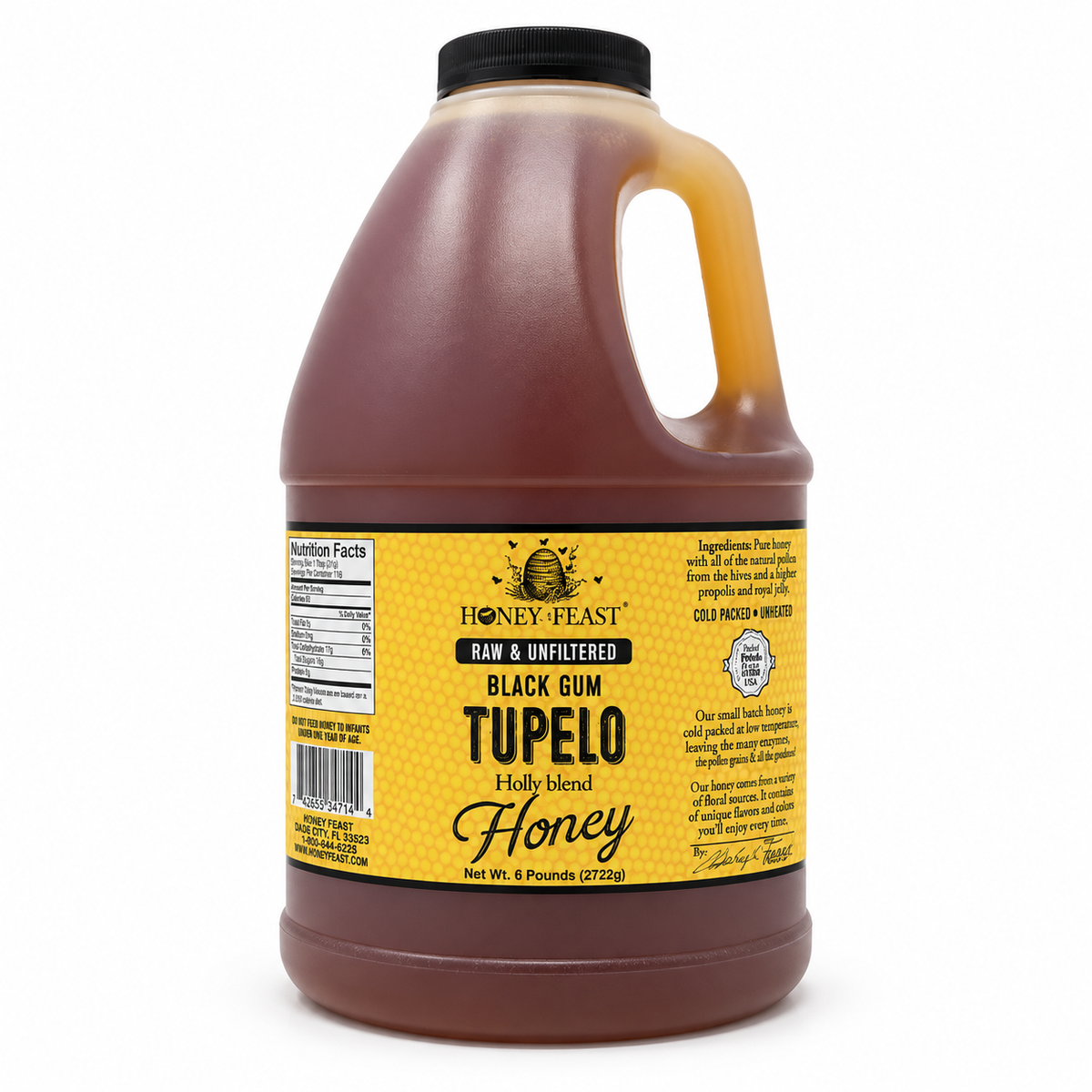 Honey Feast Black Gum Tupelo 6lb bulk honey in a frosted HDPE plastic jug, with a wide 48mm cap and handle on the right, on a white background.