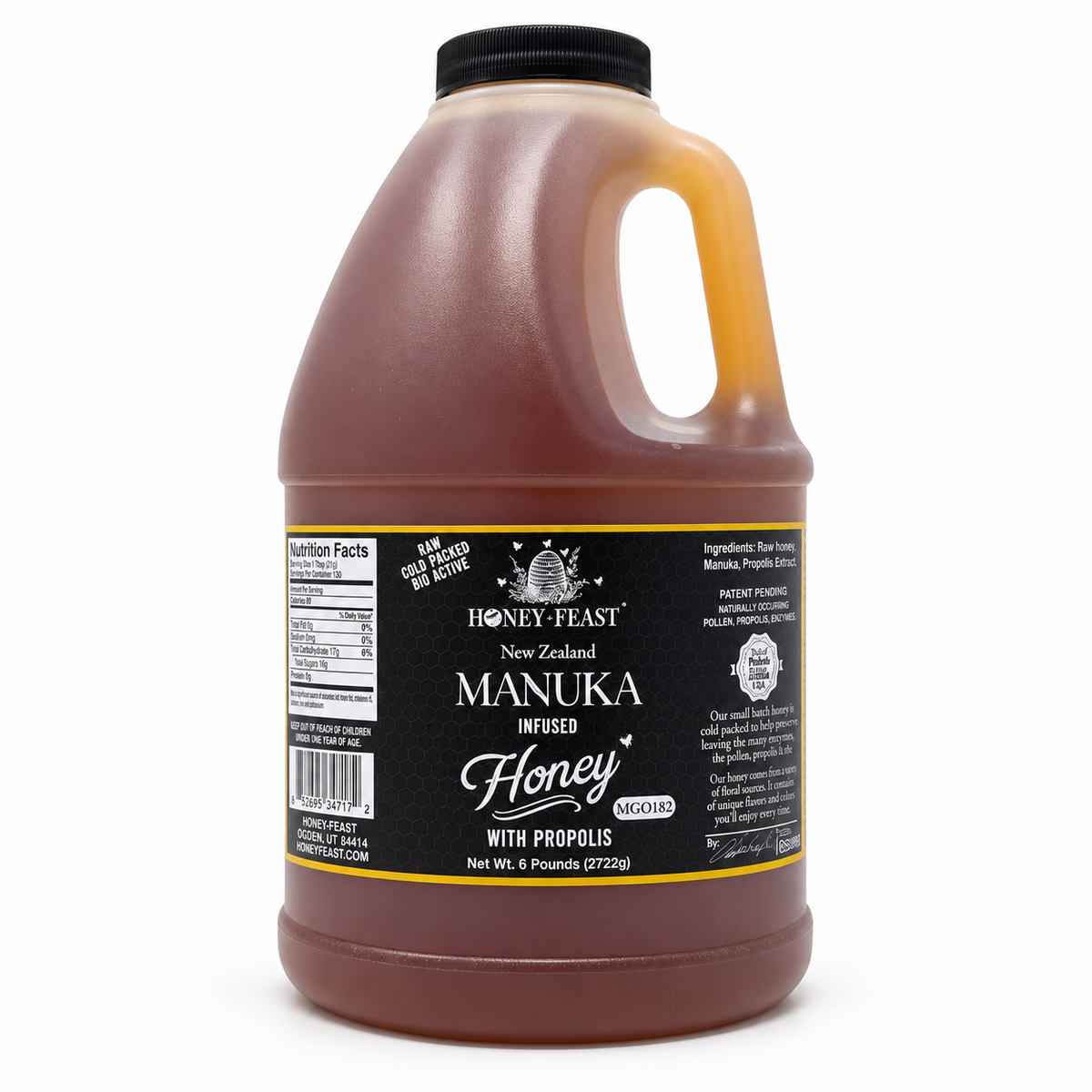 Honey Feast Manuka Infused with Propolis 6lb bulk honey in a frosted HDPE plastic jug, with a wide 48mm cap and handle on the right, on a white background.