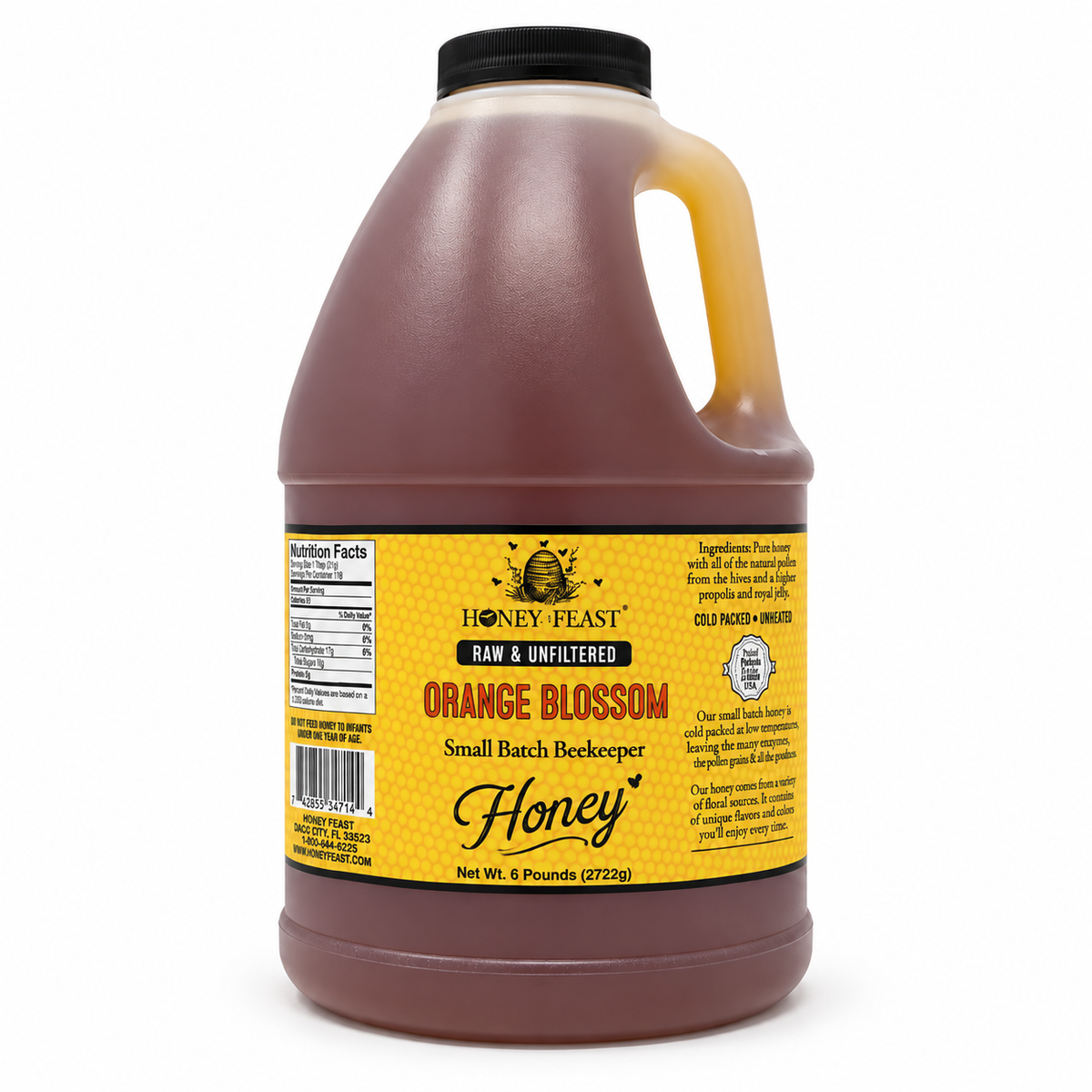 Honey Feast Orange Blossom 6lb bulk honey in a frosted HDPE plastic jug, with a wide 48mm cap and handle on the right, on a white background.