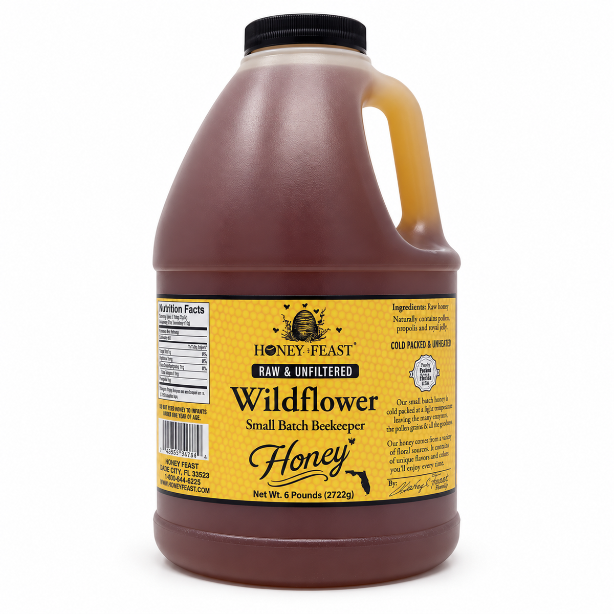 Honey Feast Wildflower 6lb bulk honey in a frosted HDPE plastic jug, with a wide 48mm cap and handle on the right, on a white background.
