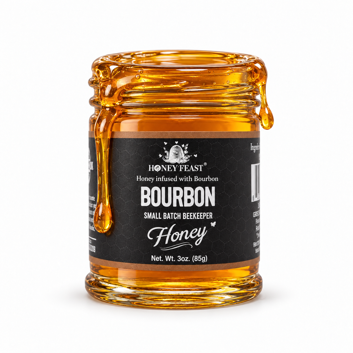 Bourbon honey coating the rim and dripping down an open 3oz Honey Feast glass jar