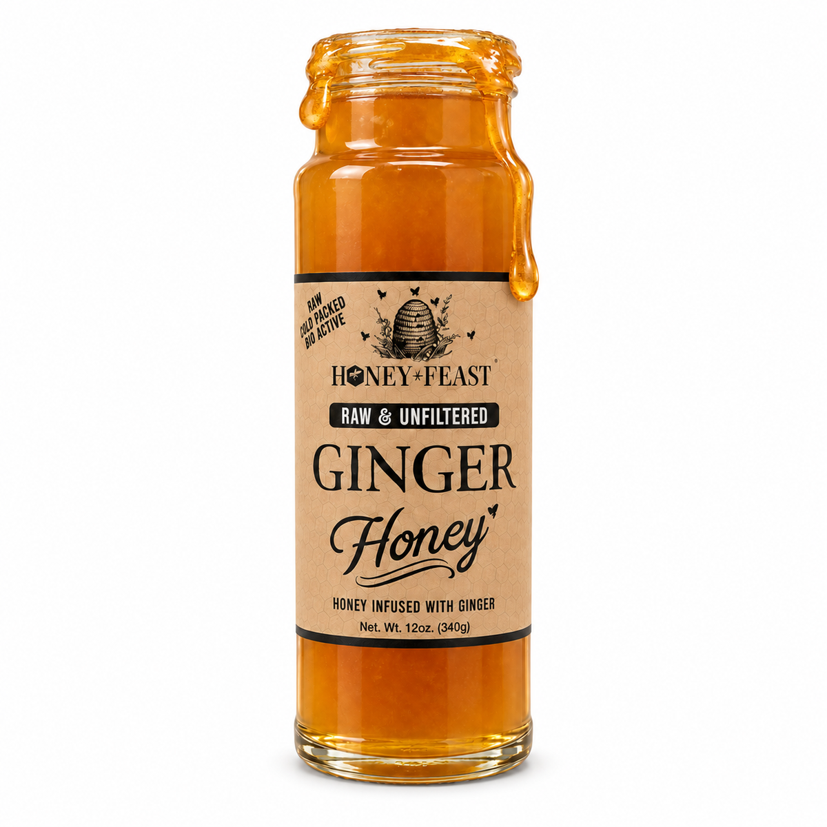 Ginger honey coating the rim and dripping down an open 12oz glass jar on a white background