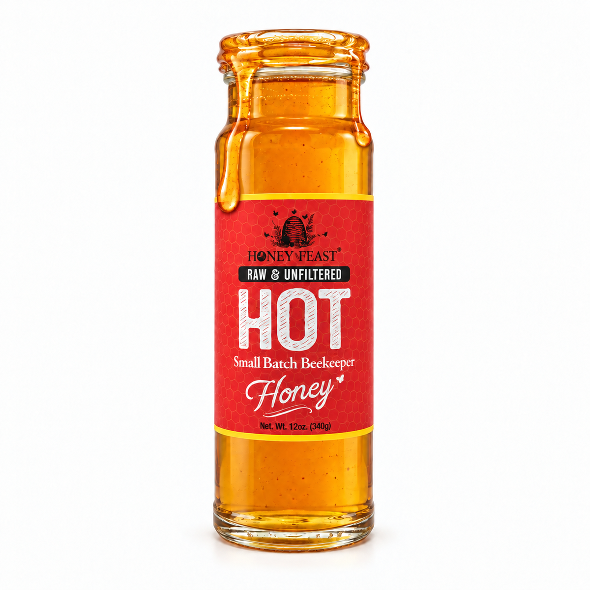 Hot Honey 12oz glass jar with the lid removed and honey coating the rim and dripping down the jar
