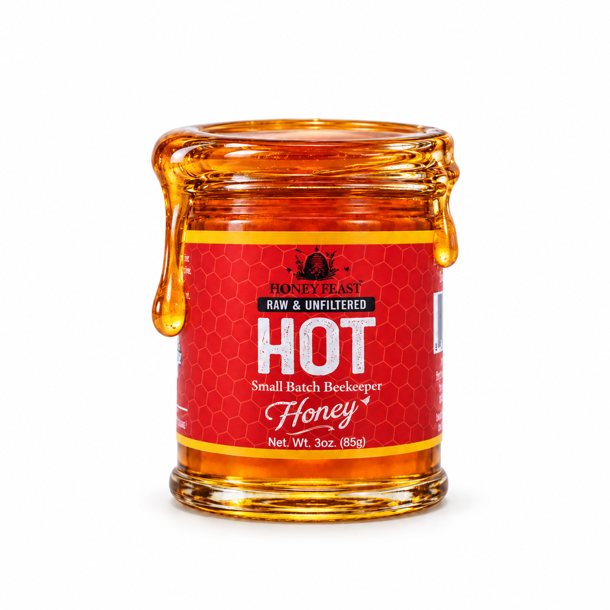 Hot honey coating the rim and dripping down an open 3oz Honey Feast glass jar