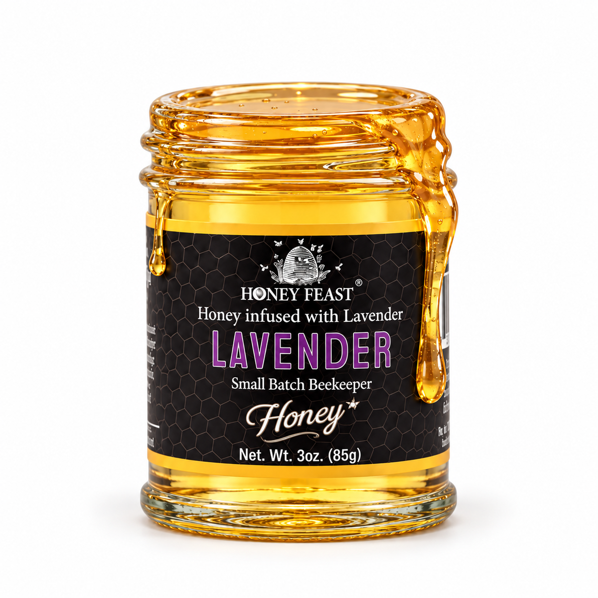 Lavender honey coating the rim and dripping down an open 3oz Honey Feast glass jar