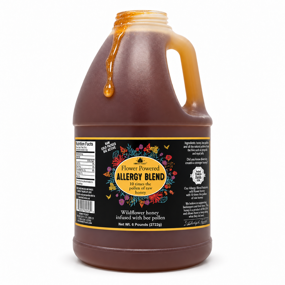 Honey Feast Allergy Blend 6lb bulk honey in a frosted HDPE plastic jug with the handle on the right, with honey dripping over the open rim on a white background.