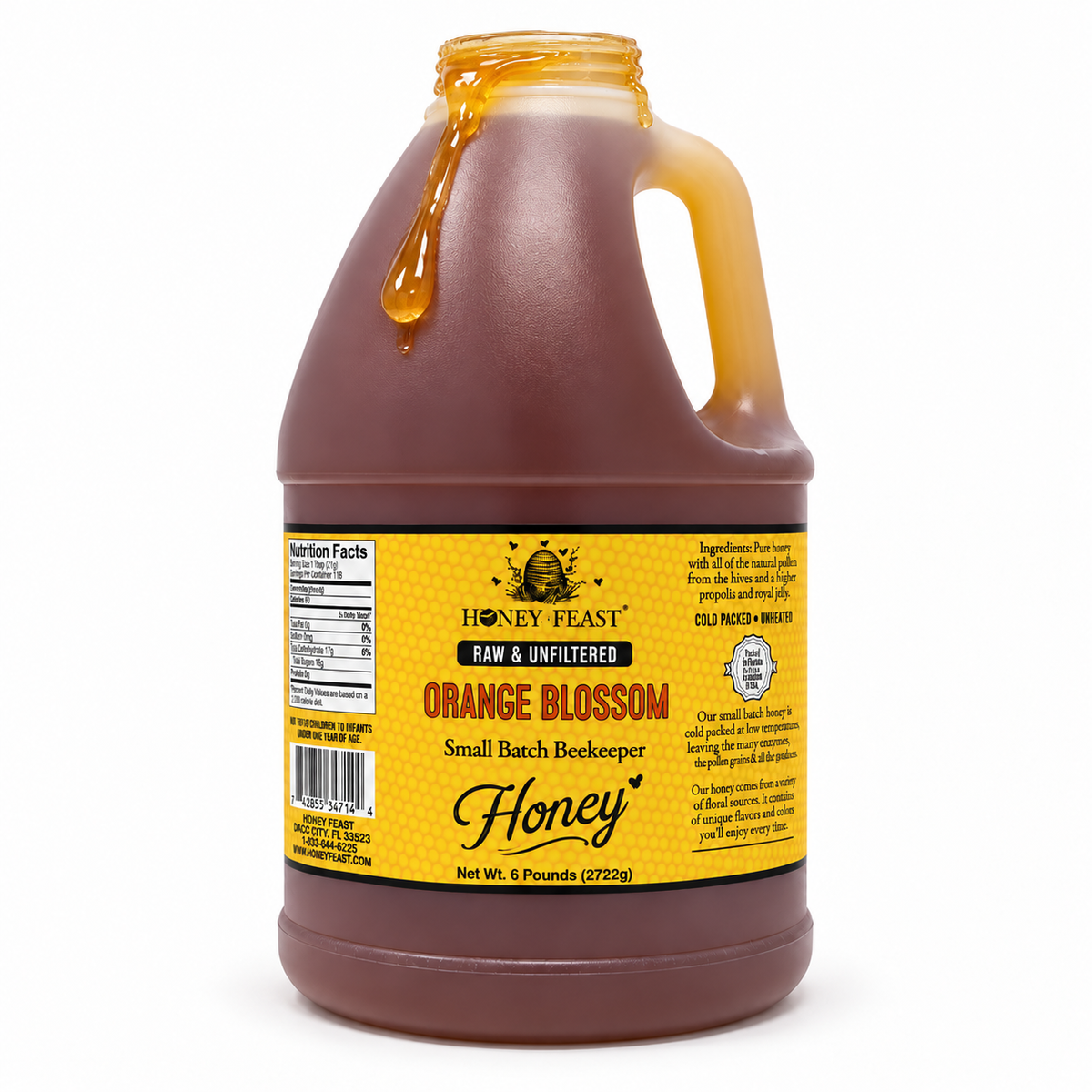 Honey Feast Orange Blossom 6lb bulk honey in a frosted HDPE plastic jug with the handle on the right, with honey dripping over the open rim on a white background.
