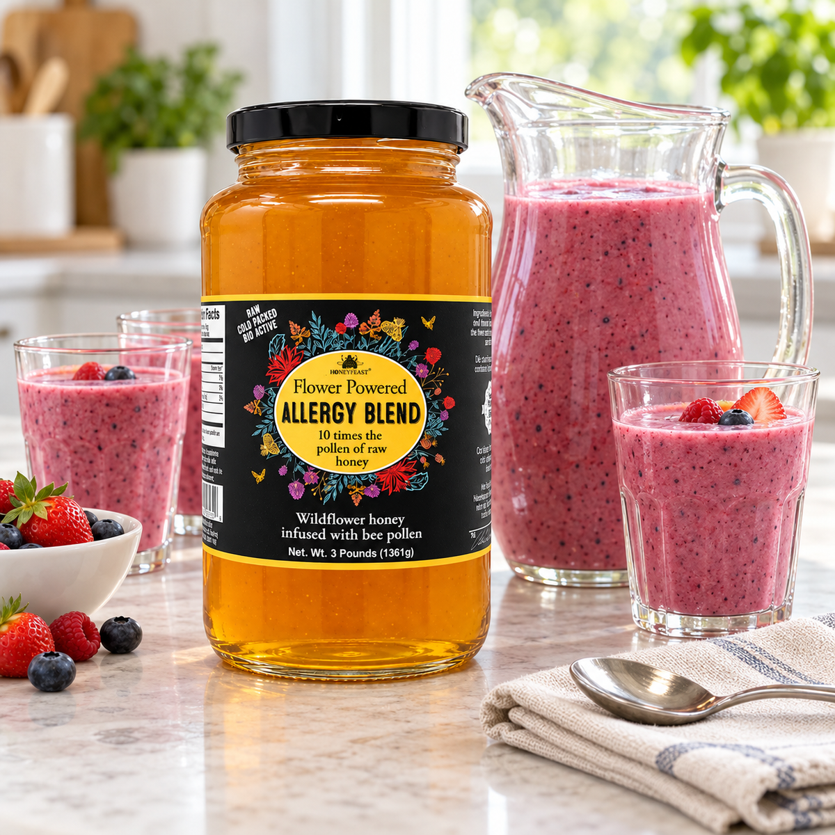 Honey Feast Allergy Blend Honey – 3lb Glass Jar beside a pitcher and glasses of berry smoothie
