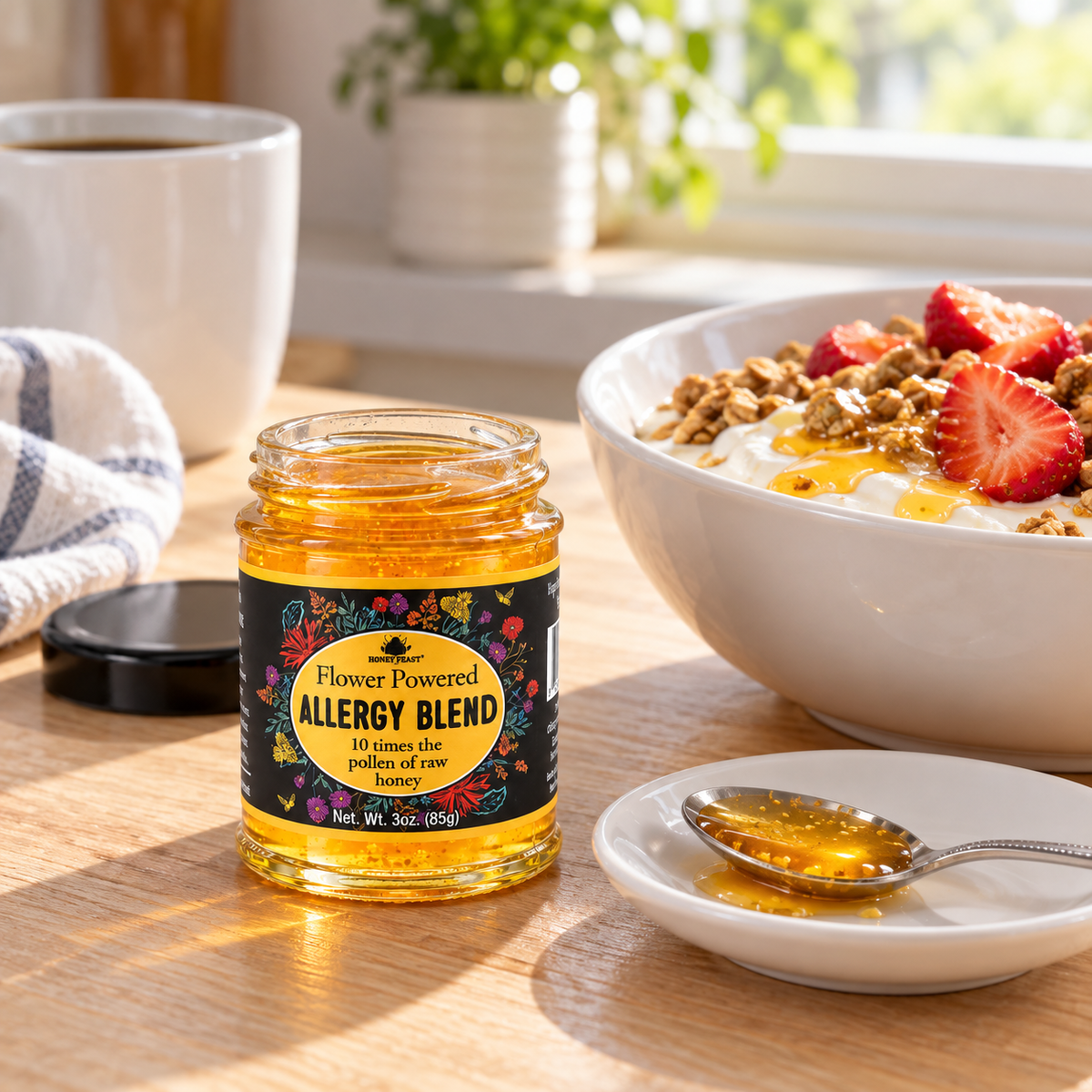 Honey Feast Allergy Blend Honey 3oz mini glass jar served with yogurt bowl