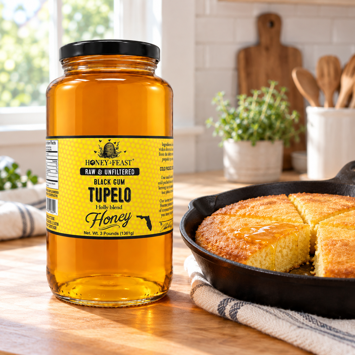Honey Feast Black Gum Tupelo Honey – 3lb Glass Jar beside a skillet of cornbread