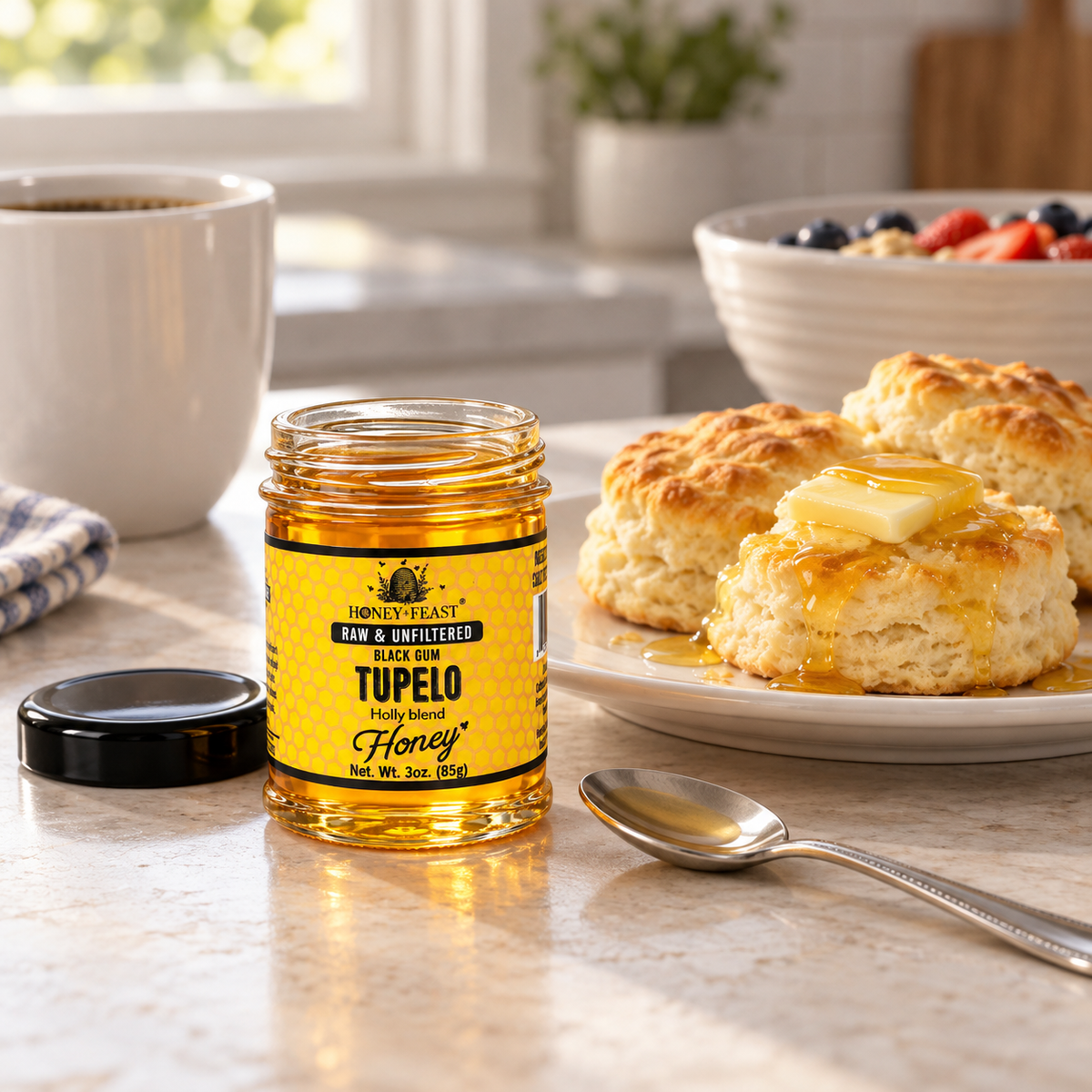 Honey Feast Black Gum Tupelo Honey 3oz mini glass jar served with biscuits