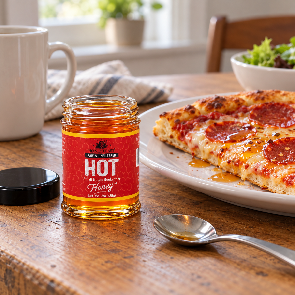 Honey Feast Hot Honey 3oz mini glass jar served with pizza