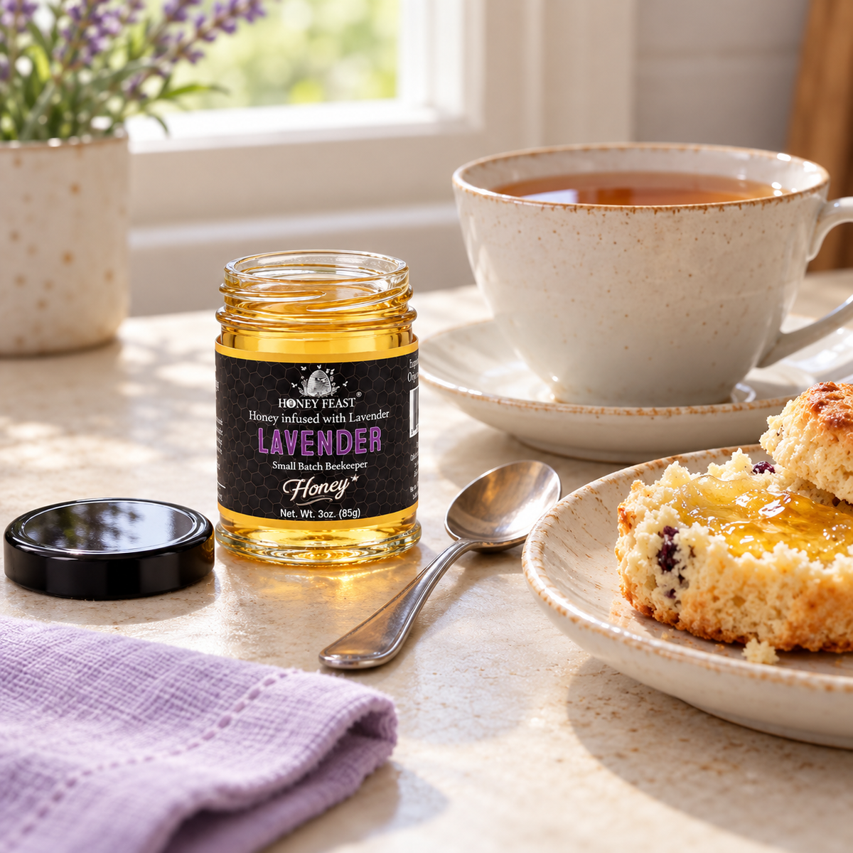 Honey Feast Lavender Honey 3oz mini glass jar served with tea and scone