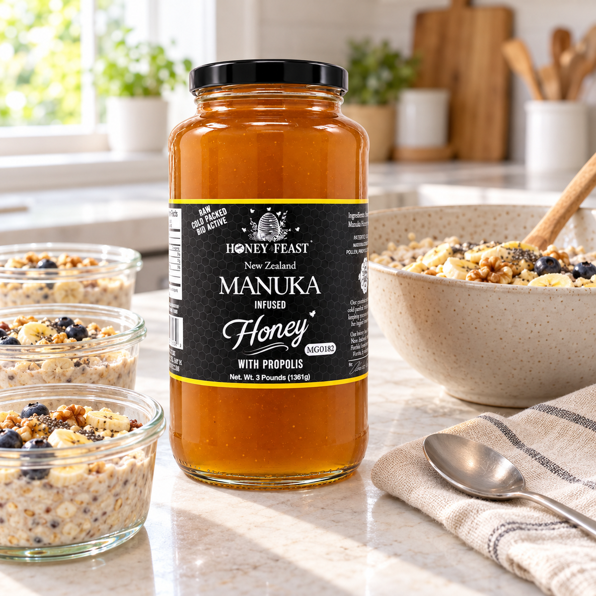 Honey Feast Manuka Infused Honey with Propolis – 3lb Glass Jar beside overnight oats and breakfast portions