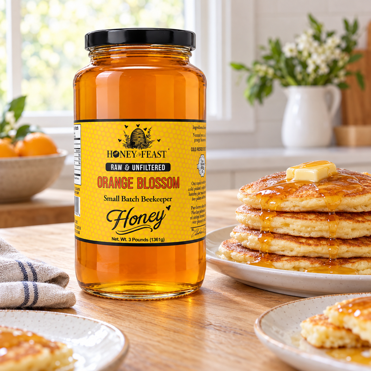 Honey Feast Orange Blossom Honey – 3lb Glass Jar beside a family pancake breakfast