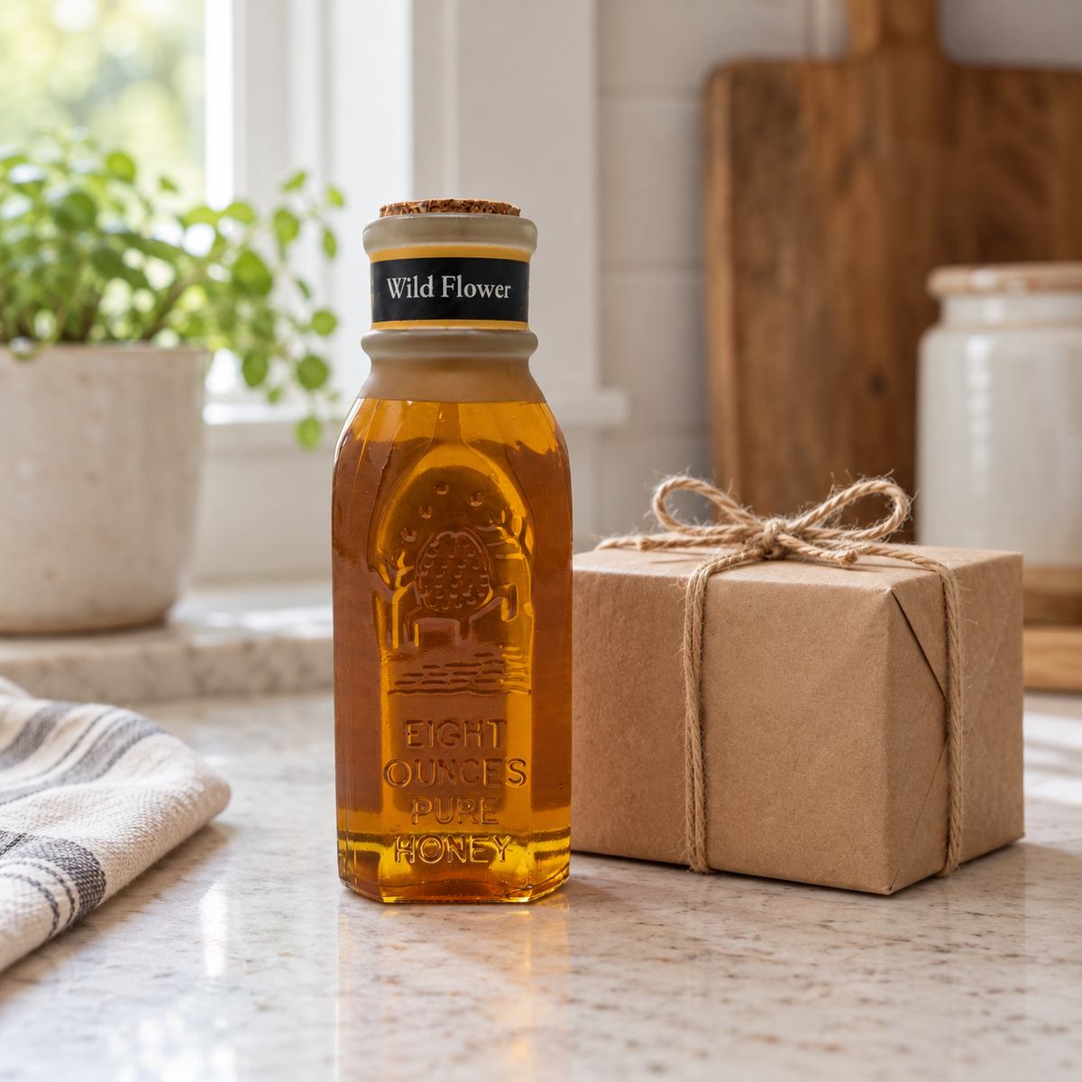 Honey Feast Wildflower Honey 8oz Muth glass gift jar with a cork and hand-dipped beeswax finish, in a simple gifting scene.
