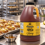 Honey Feast Black Gum Tupelo 6lb bulk honey in a frosted HDPE plastic jug with the handle on the right, commercial crostini prep.