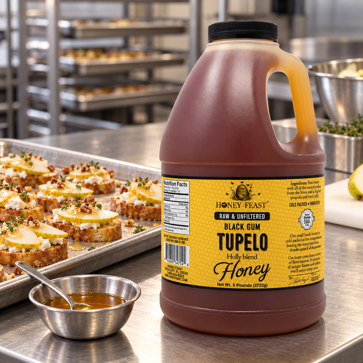 Honey Feast Black Gum Tupelo 6lb bulk honey in a frosted HDPE plastic jug with the handle on the right, commercial crostini prep.