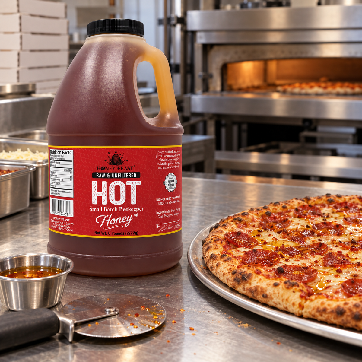 Honey Feast Hot 6lb bulk honey in a frosted HDPE plastic jug with the handle on the right, commercial pizza prep.