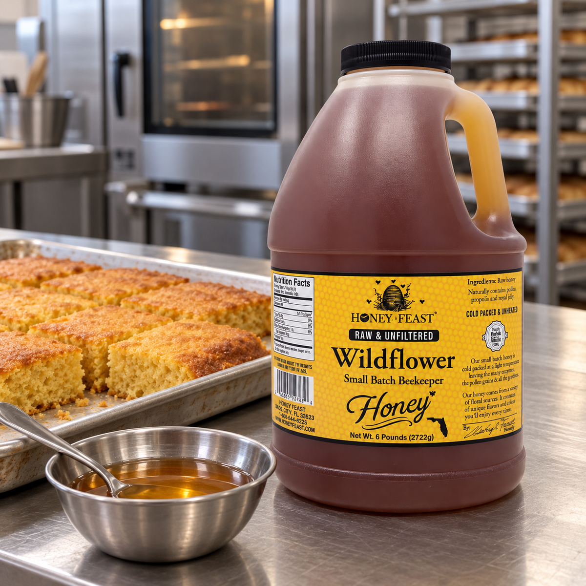 Honey Feast Wildflower 6lb bulk honey in a frosted HDPE plastic jug with the handle on the right, commercial cornbread prep.
