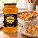 Honey Feast Allergy Blend Honey – 3lb Glass Jar beside a family-size dish of apple baked oatmeal