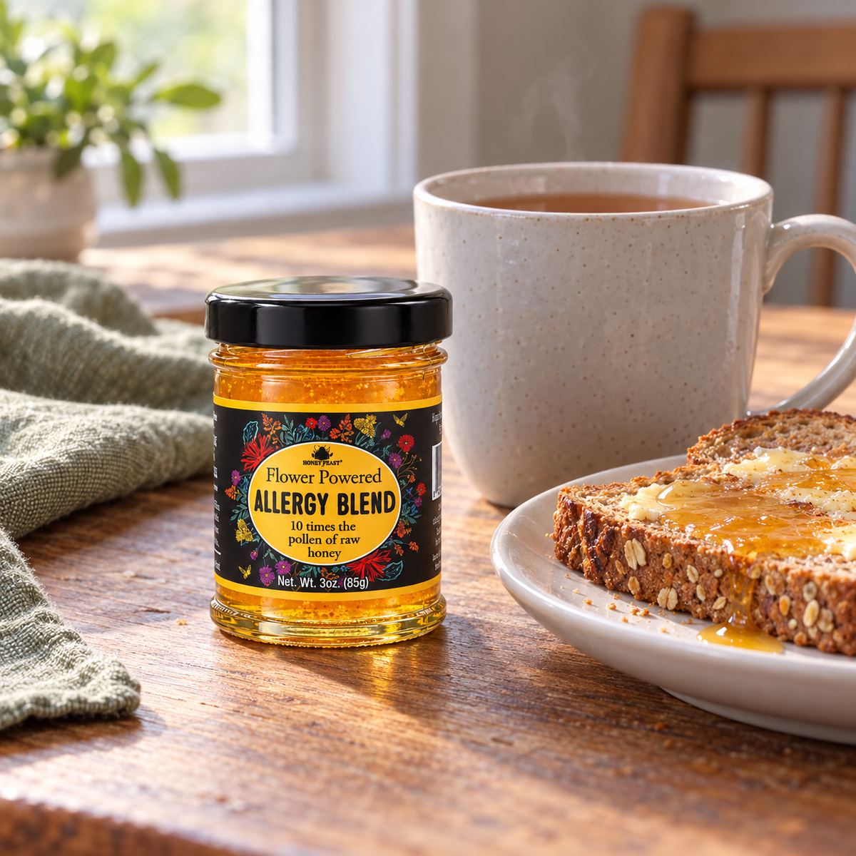 Honey Feast Allergy Blend Honey 3oz mini glass jar served with tea and toast