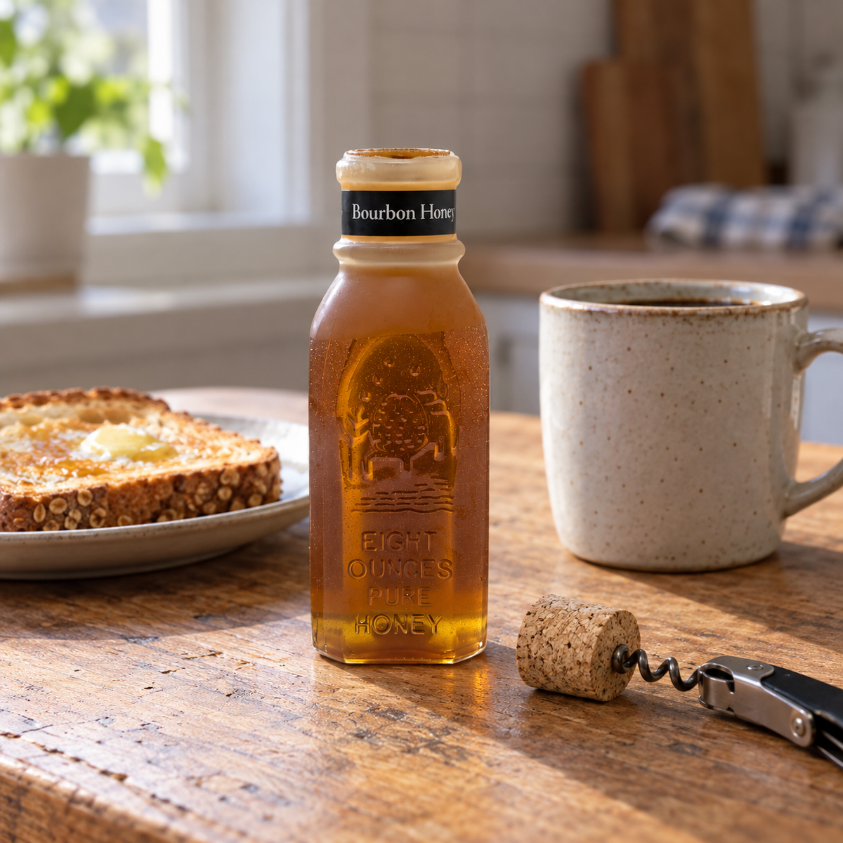 Honey Feast Bourbon Honey 8oz Muth jar open beside food, with its removed tapered cork on a wine corkscrew.