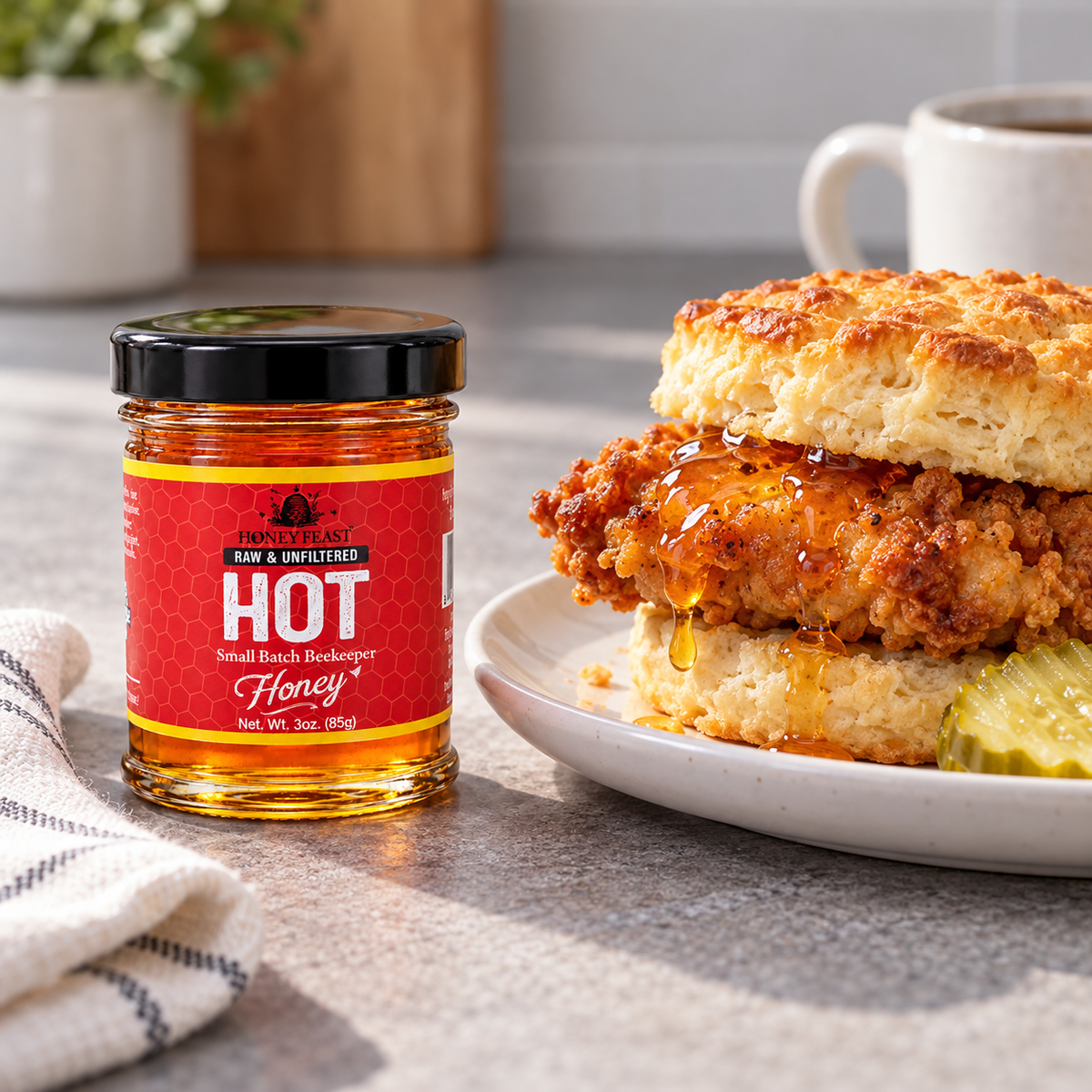 Honey Feast Hot Honey 3oz mini glass jar served with chicken biscuit