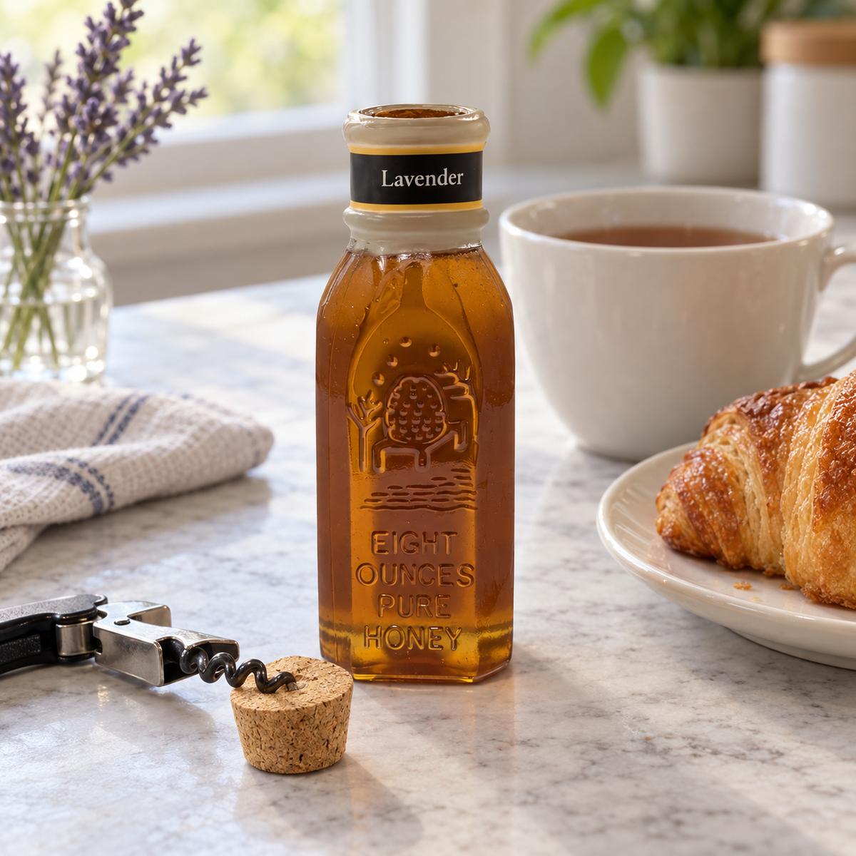 Honey Feast Lavender Honey 8oz Muth jar open beside food, with its removed tapered cork on a wine corkscrew.